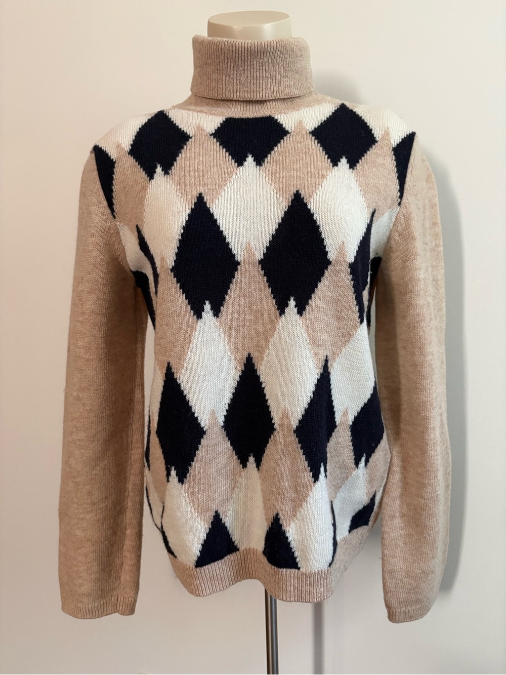 A.P.C. July Jacquard Argyle 100% Virgin Wool Turtleneck Sweater Black White Tan